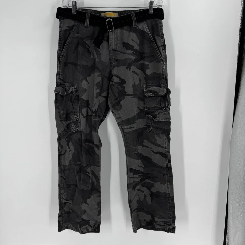Wrangler Belted Cargo Camo Pants Men's 34X30 Gray Utility Tactical Outdoors Hike